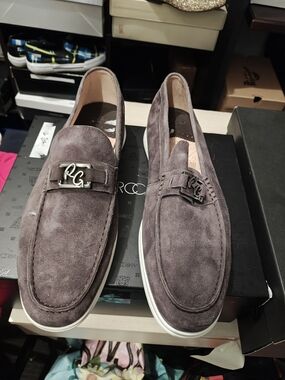 Robert Graham Men's Suede Loafers in Taupe Gray with Metal Logo